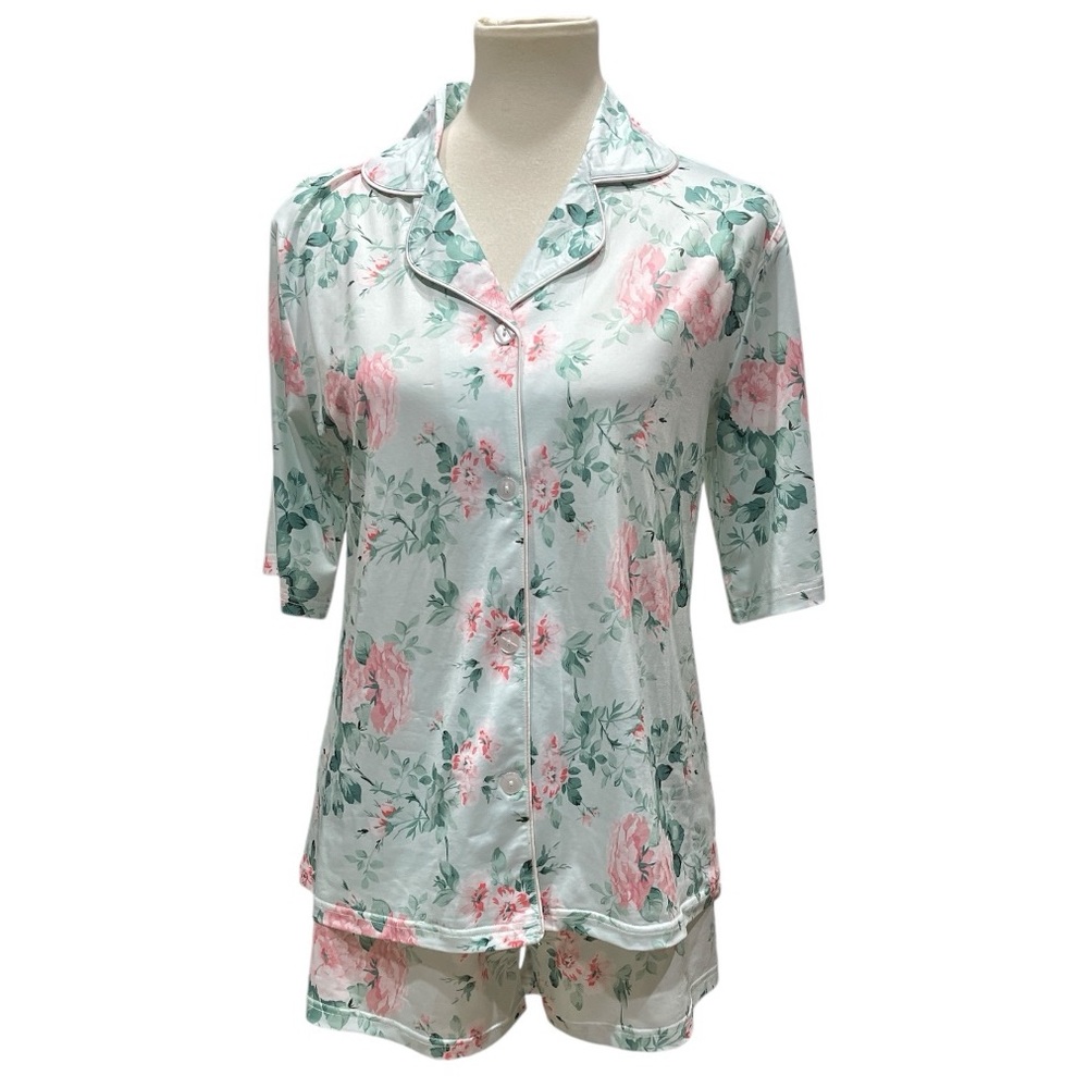 Women's 2 Pc Satin Short Sleeve Notch Collar Top and Shorts Pajama Set M New